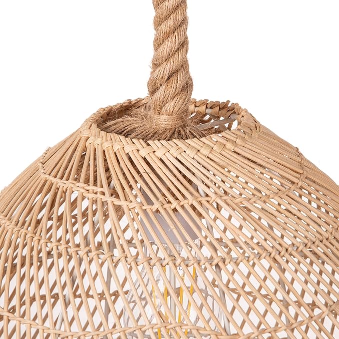 1 Light Boho Chandelier Rattan Dining Lighting Fixture, 13.77''W Woven Hemp Rope Kitchen Pendant Light, Coastal Wicker Natural Ceiling Hanging Lamp Crafts Lampshade for Bedroom Living Room