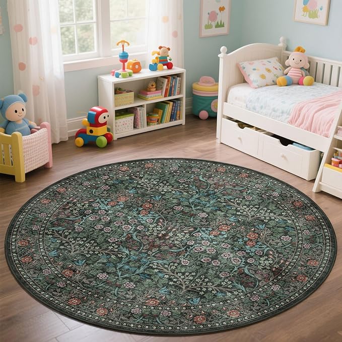 Boho Round Rugs 6ft - Soft Washable Black Green Floral Bedroom Circle Rug Stain Resistant Botanical Dining Room Rugs for Under Round Table Vintage Area Rug for Living Room Office Kid Room