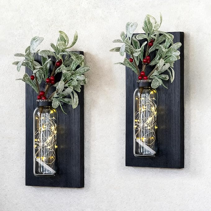 2 Pack Wall Planters for Indoor Plants, Wood Glass Decor for Bathroom, Bedroom Living Room, Modern Farmhouse Wooden Pocket Wall Vases for Dried Flowers and Plastic Plants (Black)