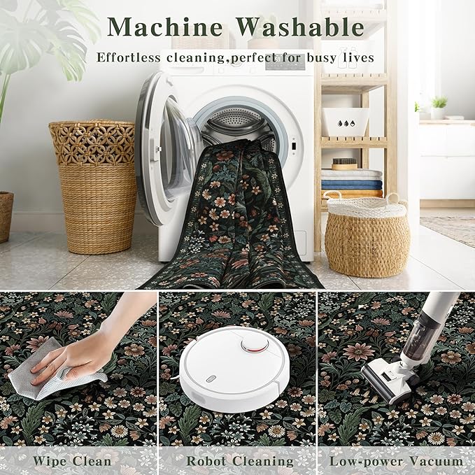 Round Rug 4ft Black Washable Floral Circle Rug,Vintage Boho Botanical Round Area Rugs, Non-Slip Soft Low-Pile Circular Carpet for Bedroom,Kids Room,College Dorm,Home Decor