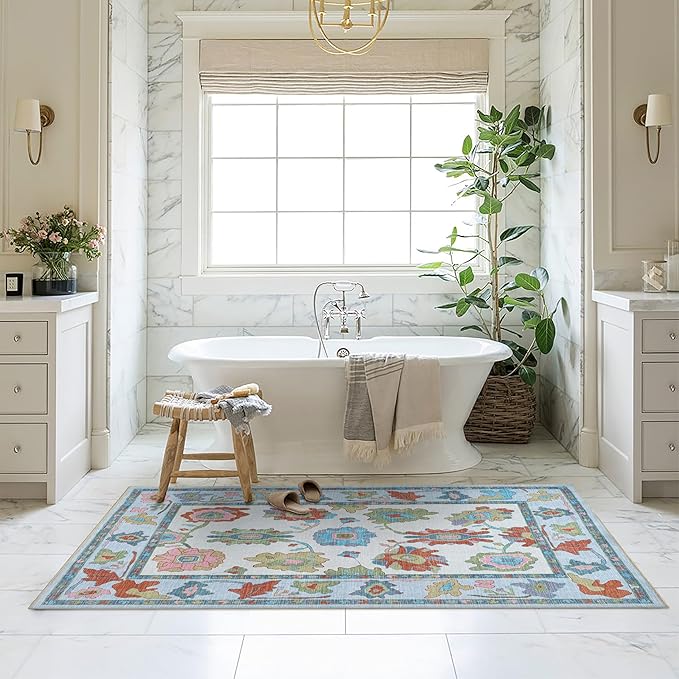 Fame Living Colorful Oushak Rug, Modern, Vintage, Turkish, Eclectic, Floral, Pastel, Washable, Large Area Rugs for Living Room, Dining, Bedroom, Girls, Boys, 7'5"x9'8"