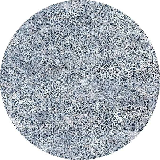 vivorug Round Rug 5ft Vintage-Inspired Round Area Rug Non-Slip Indoor Carpet for Living Room Bedroom Entryway, Stain Resistant Home Decor Circle Rug, Blue Medallion