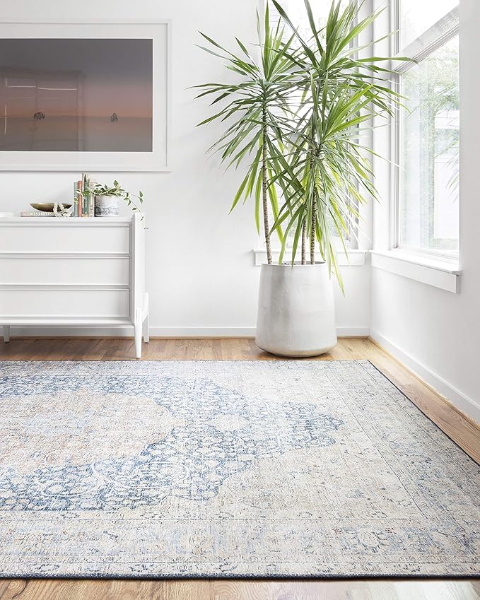 Loloi Layla Collection LAY-07 Blue/Tangerine 7'-6" x 9'-6" .13" Thick Area Rug, Soft, Durable, Vintage Inspired, Distressed, Low Pile, Non-Shedding, Easy Clean, Printed, Living Room Rug