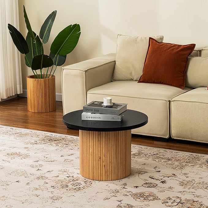 SHYFOY Fluted Wooden Round Indoor Outdoor Planters, Cylinder Decorative Floor Vase Flower Plant Pots for Living Room Dining Bedroom Home Corner