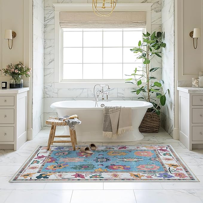 Fame Living Colorful Oushak Rug, Modern, Vintage, Turkish, Eclectic, Floral, Pastel, Washable, Large Area Rugs for Living Room, Dining, Bedroom, Girls, Boys, 7'5"x9'8"