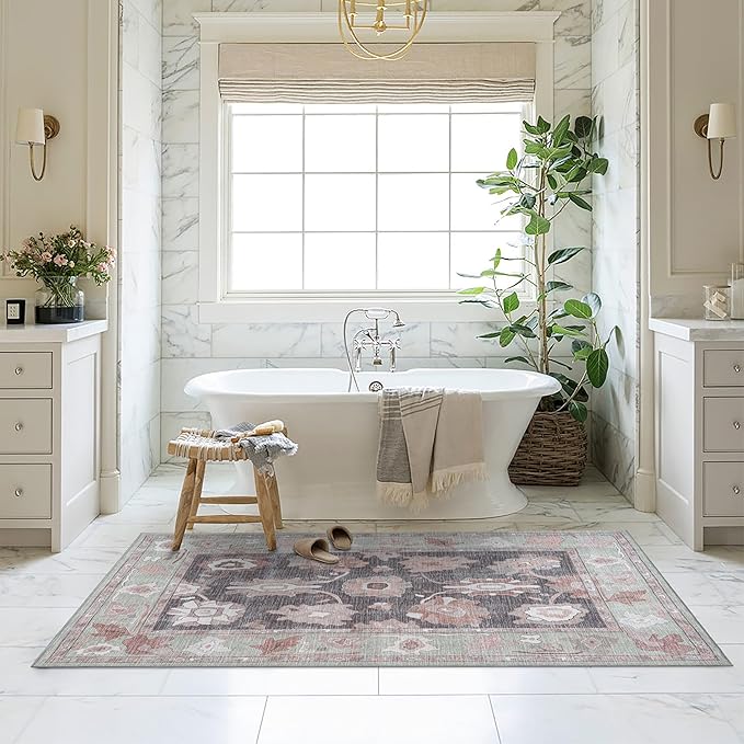 Fame Living Green Oushak Rug, Modern, Vintage, Turkish, Eclectic, Floral, Pastel, Washable, Large Area Rugs for Living Room, Dining, Bedroom, Girls, Boys, 7'5"x9'8"