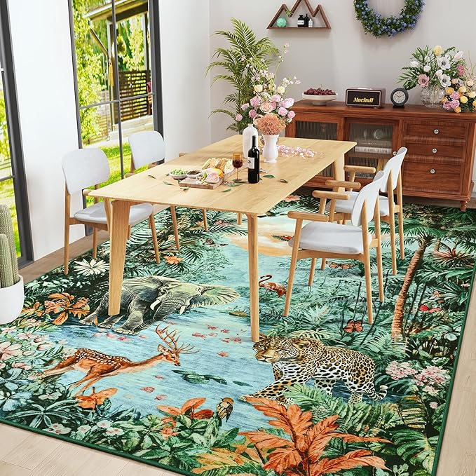 Amearea Jungle 8x10 Large Rugs for Living Room, Washable Green Area Rug 8 x 10 Forest Animal Rug, Low Pile Kids Nursery Room Rug, Soft Leopard Rugs Carpet for Boys Girls Playroom Dining Room Decor
