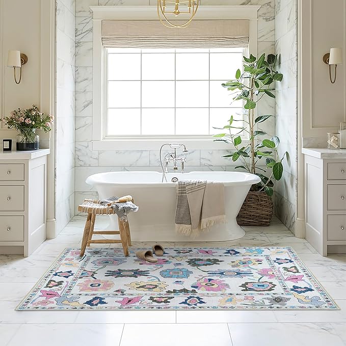 Fame Living Colorful Oushak Rug, Modern, Vintage, Turkish, Eclectic, Floral, Pastel, Washable, Area Rugs for Living Room, Dining, Bedroom, Nursery, Girls, Boys, 5'9"x8'9"