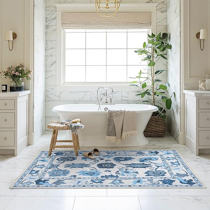 Fame Living Navy Blue Oushak Rug, Modern, Vintage, Turkish, Eclectic, Floral, Pastel, Washable, Area Rugs for Living Room, Dining, Bedroom, Nursery, Girls, Boys, 5'9"x8'9"