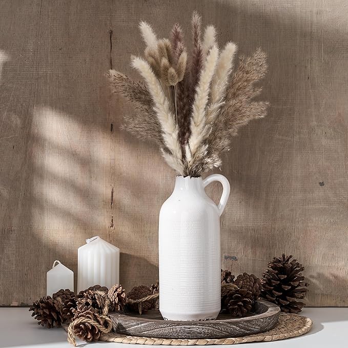 Ceramic Vase for Home Decor, Ice Crackle Aged White Vintage Vase with Handle, Decorative Flower Vase for Farmhouse, Living Room, Table, Fireplace, Nightstand - Ice Crackle White