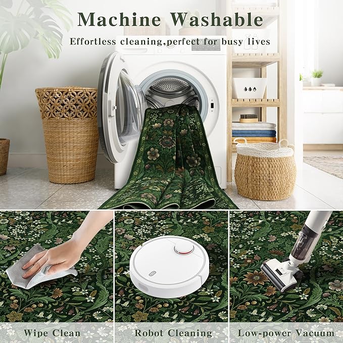 Round Rug 4ft Dark Green Washable Floral Circle Rug,Vintage Boho Botanical Round Area Rugs, Non-Slip Soft Low-Pile Circular Carpet for Bedroom,Kids Room,College Dorm,Home Decor