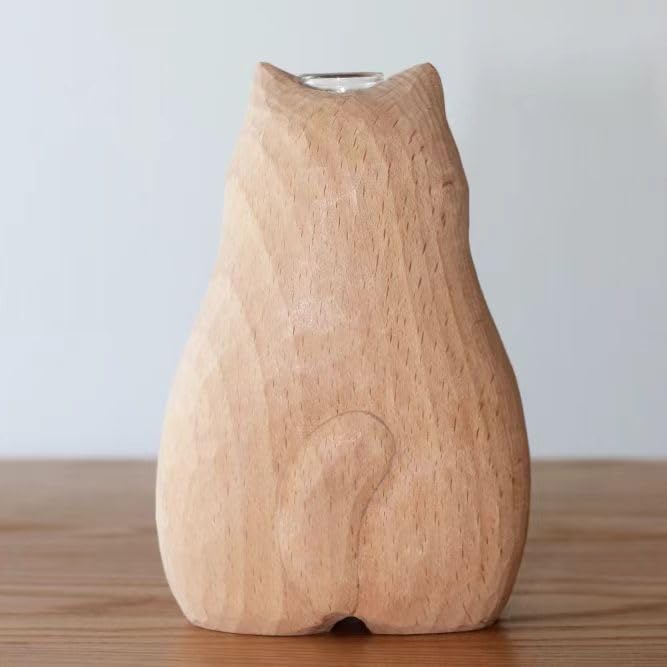 Wooden Color Cat Vase Handmade - BSELUTNGY Cute Creative Desktop Ornament and Healing Series for Office Decor Animal Design