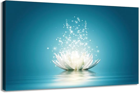 Zen Wall Art Flower Canvas Poster Lotus Bloom in Water Picture Lotus Prints Teal Blue Painting Room Aesthetic for Living Room Bedroom Yoga Spa Meditation Spiritual Wall Decor 16"x24" Unframed