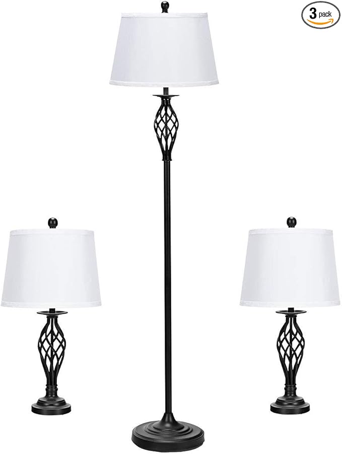 Tangkula Lamp Set 3-Piece Modern Home Living Room Bedroom Antique Bronze Finish Lamps, Floor Lamp and Table Lamps Set with Soft Pleated White Fabric Shades (Antique Bronze)