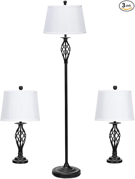 Tangkula Lamp Set 3-Piece Modern Home Living Room Bedroom Antique Bronze Finish Lamps, Floor Lamp and Table Lamps Set with Soft Pleated White Fabric Shades (Antique Bronze)