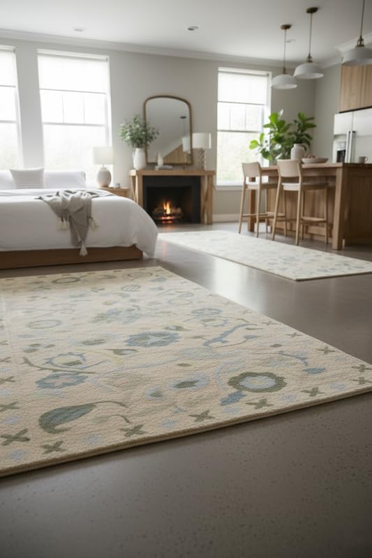Floral Wool Viscose Area Rug 8x8 Ft (Square) – Hand-Tufted Beige Carpet with Green Blue Accents, Bohemian Botanical Design, Soft Living Room Rug, Bedroom or Entryway Decor, Custom Sizes