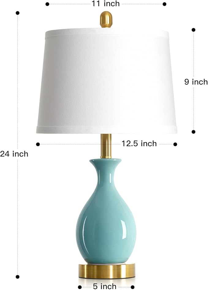 24" Bedroom Table Lamps Set of 2, Modern Classic Ceramic Lamps for Living Room, Small Bedside Table Lamp for Nightstand or End Table, Aqua Blue (2 LED Bulbs Included)