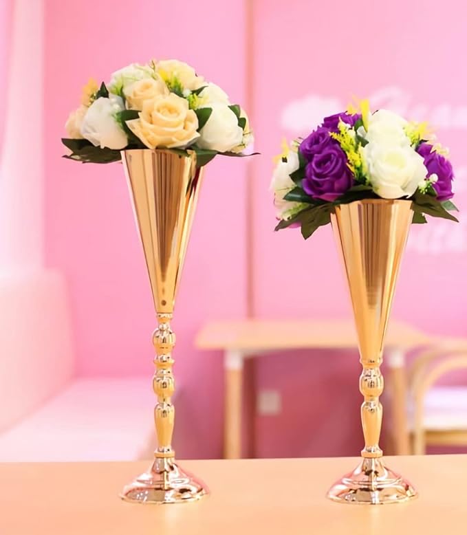 2 Pcs Tabletop Decoration Centerpiece, 14.4in Metal Wedding Flowers Small Gold Vase, Christmas Anniversary Birthday Party Home Decoration Flower Arrangement
