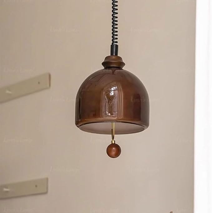1-Light Modern Farmhouse Brown Ceramic/Wood LED Pendant Mid Century Coastal Adjustable Height Hanging Lamp for Dining Room Living Room Kitchen Island Foyer Bedroom Hallway Entryway