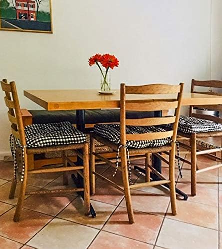 Barnett Home Decor Dining Chair Cushions with Ties – Small 15 x 17 - Latex Foam 100% Cotton, Machine Washable Chair Pads for Kitchen Chairs, Made in USA (Farmhouse Check Black and White/Pack of 2)