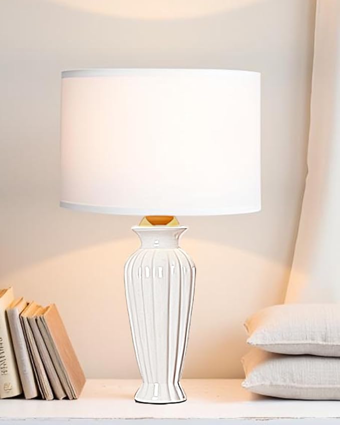White Table Lamps for Living Room, Modern Ceramic Table Lamp for Bedroom Office Dorm, Vintage Bedside Lamps for Bedroom Decor Farmhouse