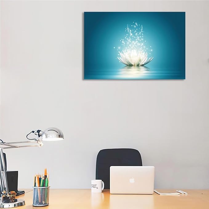 Zen Wall Art Flower Canvas Poster Lotus Bloom in Water Picture Lotus Prints Teal Blue Painting Room Aesthetic for Living Room Bedroom Yoga Spa Meditation Spiritual Wall Decor 16"x24" Unframed