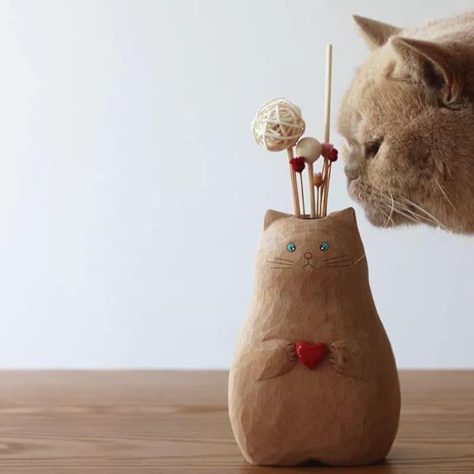 Wooden Color Cat Vase Handmade - BSELUTNGY Cute Creative Desktop Ornament and Healing Series for Office Decor Animal Design