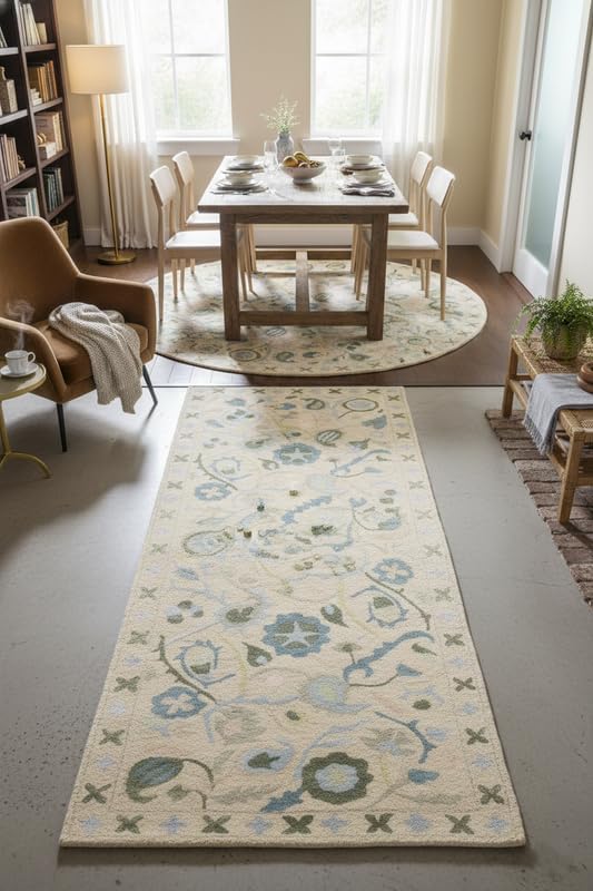 Floral Wool Viscose Area Rug 8x8 Ft (Square) – Hand-Tufted Beige Carpet with Green Blue Accents, Bohemian Botanical Design, Soft Living Room Rug, Bedroom or Entryway Decor, Custom Sizes