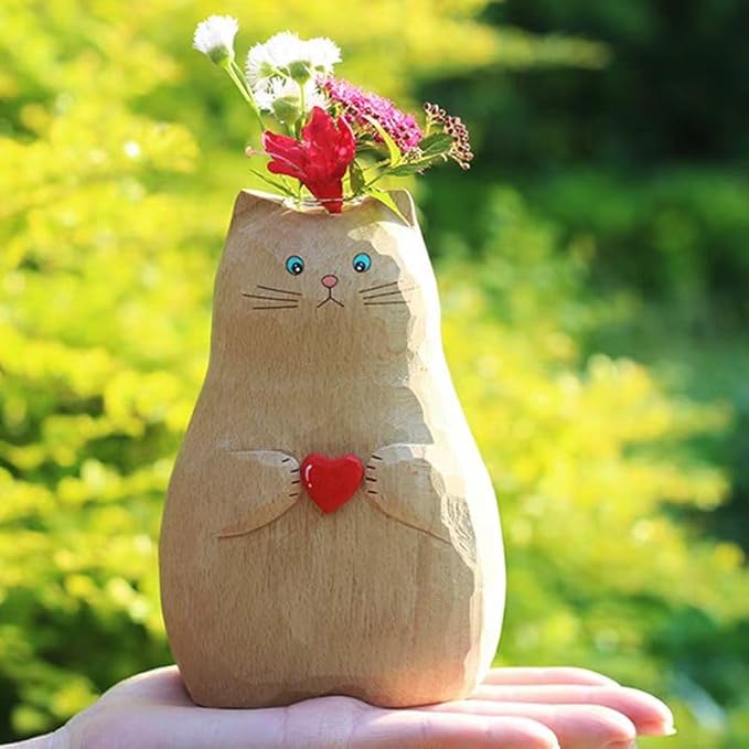 Wooden Color Cat Vase Handmade - BSELUTNGY Cute Creative Desktop Ornament and Healing Series for Office Decor Animal Design