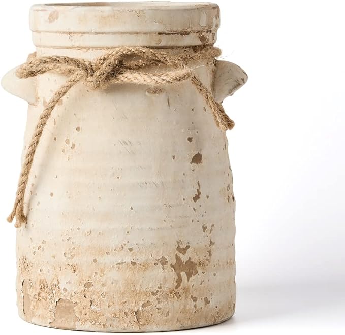 SIDUCAL Ceramic Decorative Flower Vase, 8 Inch Rustic Distressed Pottery Decorative Flower Vase for Home Decor, Ideal Shelf, Bookshelf, Mantle, Entryway, Living Room, Table Decor