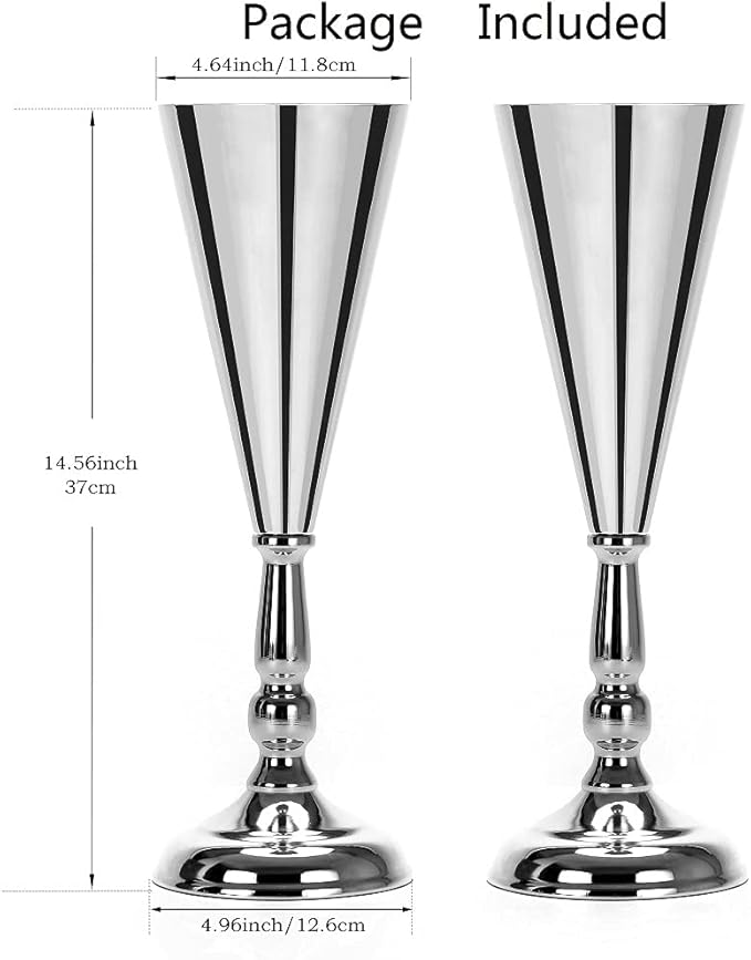 2 Pcs Metal Wedding Flower Trumpet Vase Table Decorative, Wedding Decorations for Reception, Home Decor, Large Party Event Decoration Silver