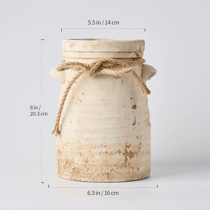 SIDUCAL Ceramic Decorative Flower Vase, 8 Inch Rustic Distressed Pottery Decorative Flower Vase for Home Decor, Ideal Shelf, Bookshelf, Mantle, Entryway, Living Room, Table Decor