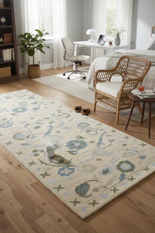 Floral Wool Viscose Area Rug 8x8 Ft (Square) – Hand-Tufted Beige Carpet with Green Blue Accents, Bohemian Botanical Design, Soft Living Room Rug, Bedroom or Entryway Decor, Custom Sizes