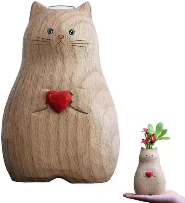 Wooden Color Cat Vase Handmade - BSELUTNGY Cute Creative Desktop Ornament and Healing Series for Office Decor Animal Design