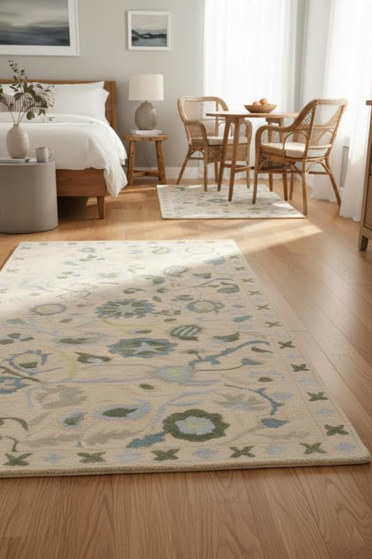 Floral Wool Viscose Area Rug 8x8 Ft (Square) – Hand-Tufted Beige Carpet with Green Blue Accents, Bohemian Botanical Design, Soft Living Room Rug, Bedroom or Entryway Decor, Custom Sizes