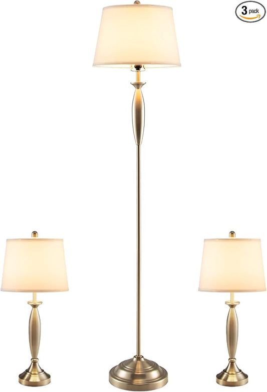 Tangkula 3-Piece Modern Lamp Set, 2 Table Lamps & 1 Floor Lamp with Weighted Base and Eye-Protecting Lamp Shade, Perfect for Bedroom & Living Room, 3 x E26 Bulbs Required (Nickel)