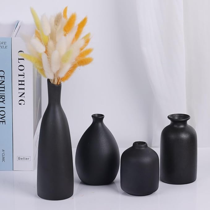 Black Ceramic Bud Vases Set of 4, Farmhouse & Mantle Decor, Living Room, Kitchen & Office, Coffee Table Decor, Bulk