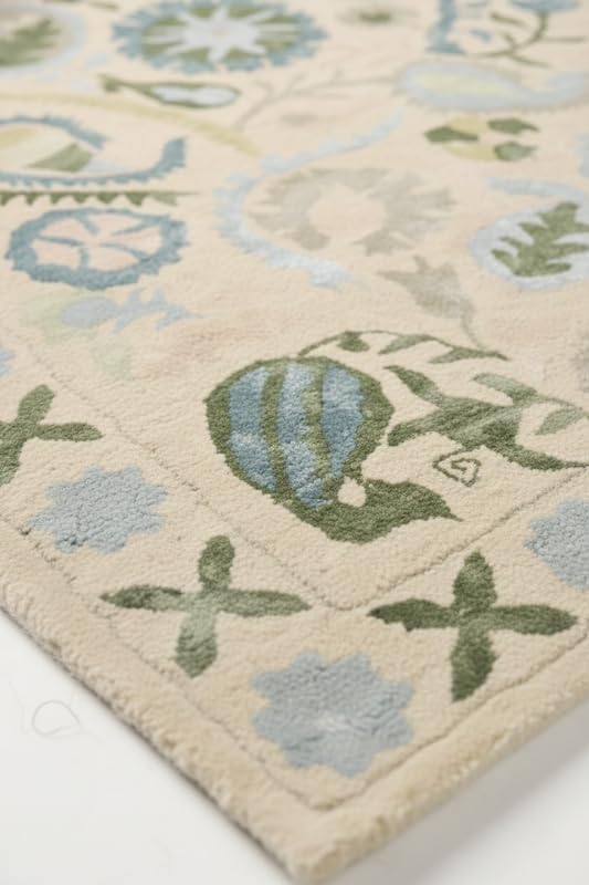 Floral Wool Viscose Area Rug 8x8 Ft (Square) – Hand-Tufted Beige Carpet with Green Blue Accents, Bohemian Botanical Design, Soft Living Room Rug, Bedroom or Entryway Decor, Custom Sizes
