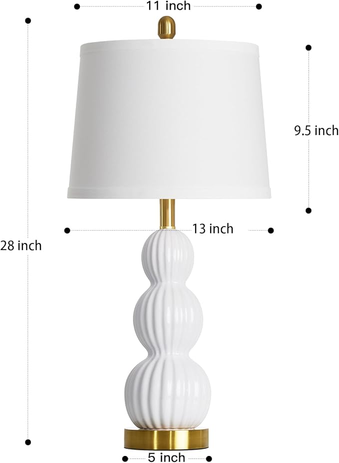 28" White Ceramic Table Lamps Set of 2, Modern Bedside Lamps for Night Stands, Triple Gourd Table Lamp for Living Room End Table or Bedroom Nightstand (2 LED Bulbs Included)
