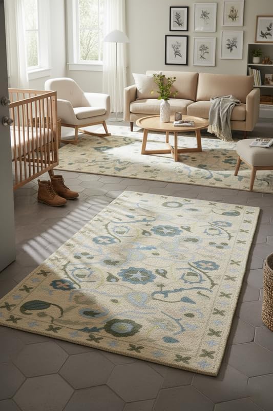 Floral Wool Viscose Area Rug 8x8 Ft (Square) – Hand-Tufted Beige Carpet with Green Blue Accents, Bohemian Botanical Design, Soft Living Room Rug, Bedroom or Entryway Decor, Custom Sizes
