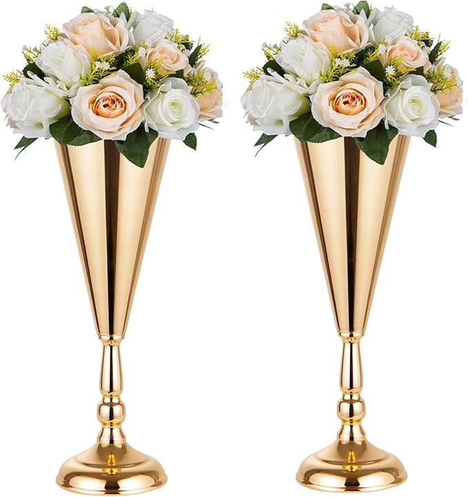 2 Pcs Tabletop Decoration Centerpiece, 14.4in Metal Wedding Flowers Small Gold Vase, Christmas Anniversary Birthday Party Home Decoration Flower Arrangement