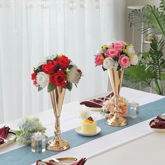 2 Pcs Tabletop Decoration Centerpiece, 14.4in Metal Wedding Flowers Small Gold Vase, Christmas Anniversary Birthday Party Home Decoration Flower Arrangement