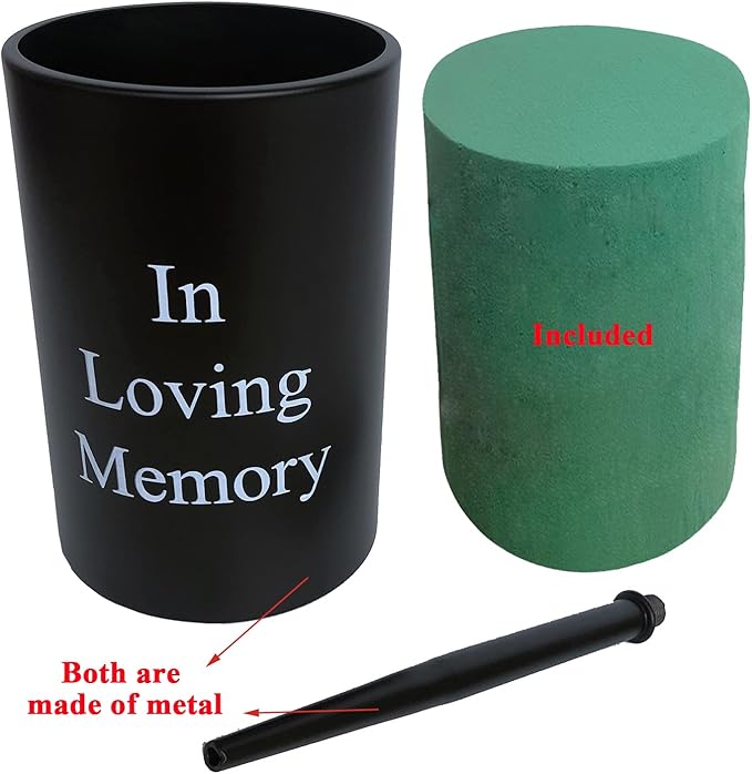 Metal Grave Memorial Vase Flower Holder in Ground Cemetery Vase Grave Decorations with Spikes and Floral Foam (Round) Black