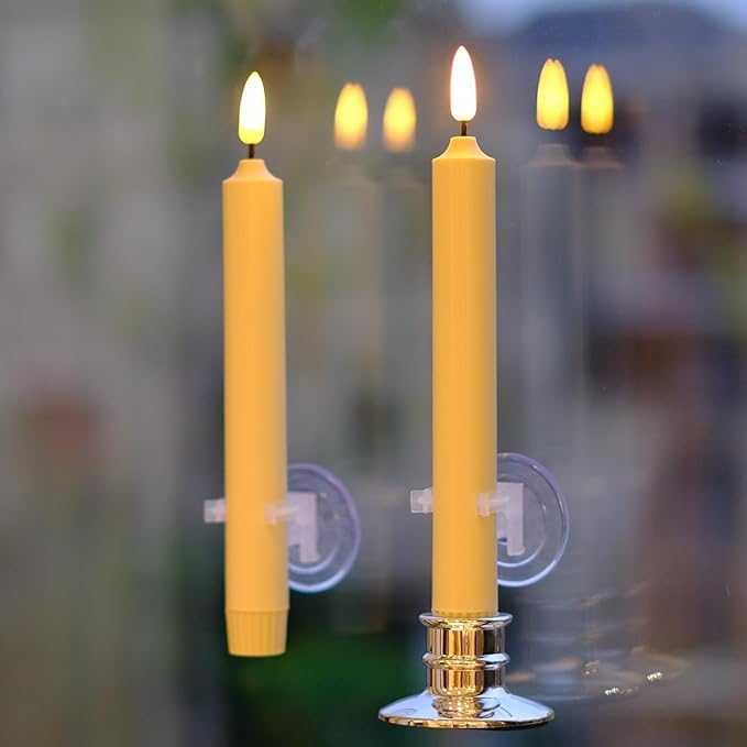 10 Pack Window Candles + 20 AA Batteries(Include, Run More Than 400 Hours) + Silver Candleholders + Suction Cups, 8'' Tall. IVORY LED Battery Powered Candle. 3D Flickering Wick, Timer Function