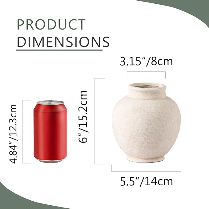 Ceramic Rustic Farmhouse Vase, 6 Inch White Small Flower Vase Decorative Vase Short Pottery Vases for Home Decor Table Living Room Entryway Mantel Bookshelf Bedroom Bathroom Kitchen - White