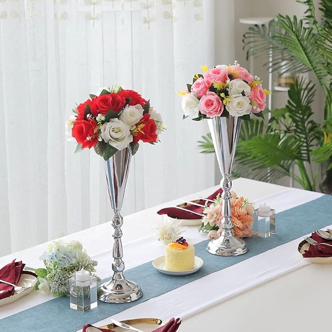 Tabletop Metal Wedding Flower Trumpet Vase Table Decorative Gold,Silver Candlestick Holders Flower Vase Stand Wedding Road Lead Tall Flower Holders