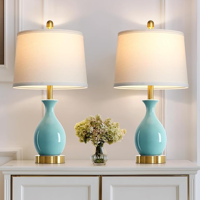24" Bedroom Table Lamps Set of 2, Modern Classic Ceramic Lamps for Living Room, Small Bedside Table Lamp for Nightstand or End Table, Aqua Blue (2 LED Bulbs Included)