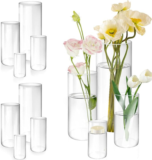 12 Pack Glass Cylinder Vases, 4,6,8,10 Inch Tall Clear Flowers Vases for Centerpieces, Floating Candles Vase,Hurricane Glass Candle Holders Vase for Wedding Party Home Tables Decor