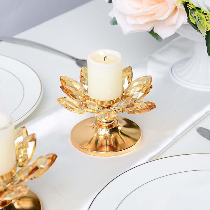 1 PC Gold Crystal Flower Tea Light Holder, Glass Tealight Candlestick with Metal Base, Votive Candle for Table Centerpiece, Wedding/Parties Decor, Nice Gift