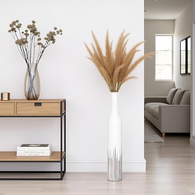 27.5 Inch White Floor Vase – Silver Geometric Tooth Pattern, Cylindrical Decorative Tall Vases for Modern Home, Wedding, Entryway – Resin Tall Floor Vase